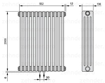 Схема (чертеж) Радиатор Zehnder Charleston 4200/12 №3470 Белый глянцевый RAL 9016